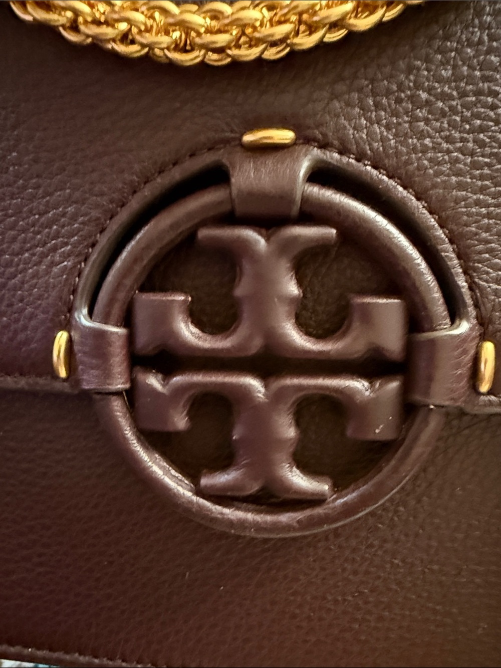 Tory Burch Dark Brown Leather Logo Shoulder Miller Bag with Gold Chain Like New - Picture 3 of 10